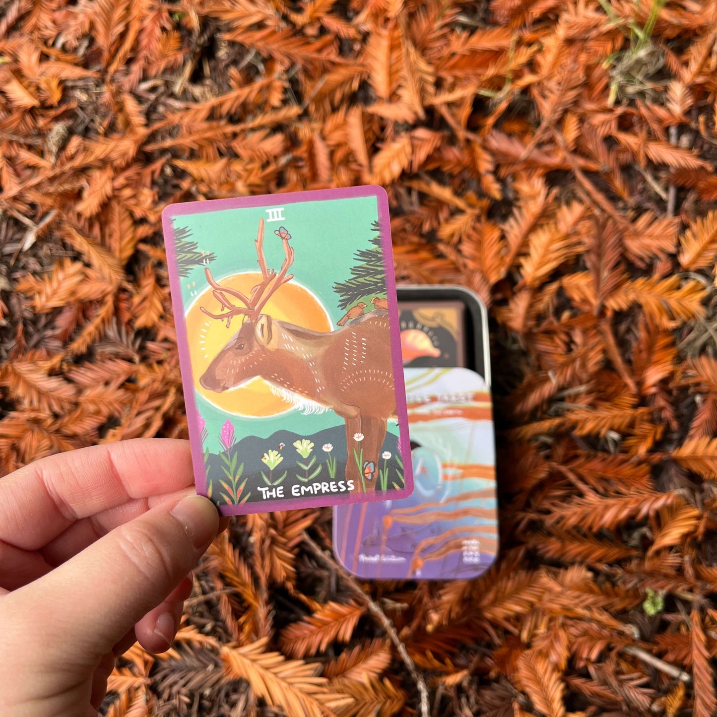 Card with a deer illustration held over a natural background