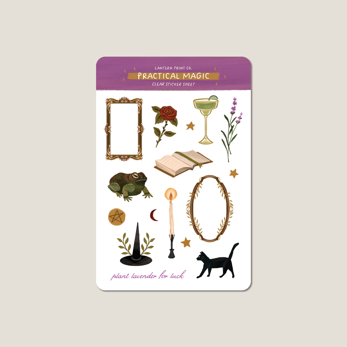 A sheet of clear stickers featuring witchy and practical magic symbols, including a rose, potion glass, owl, cat, candle, frame, and stars, on a white backing card with a purple header.