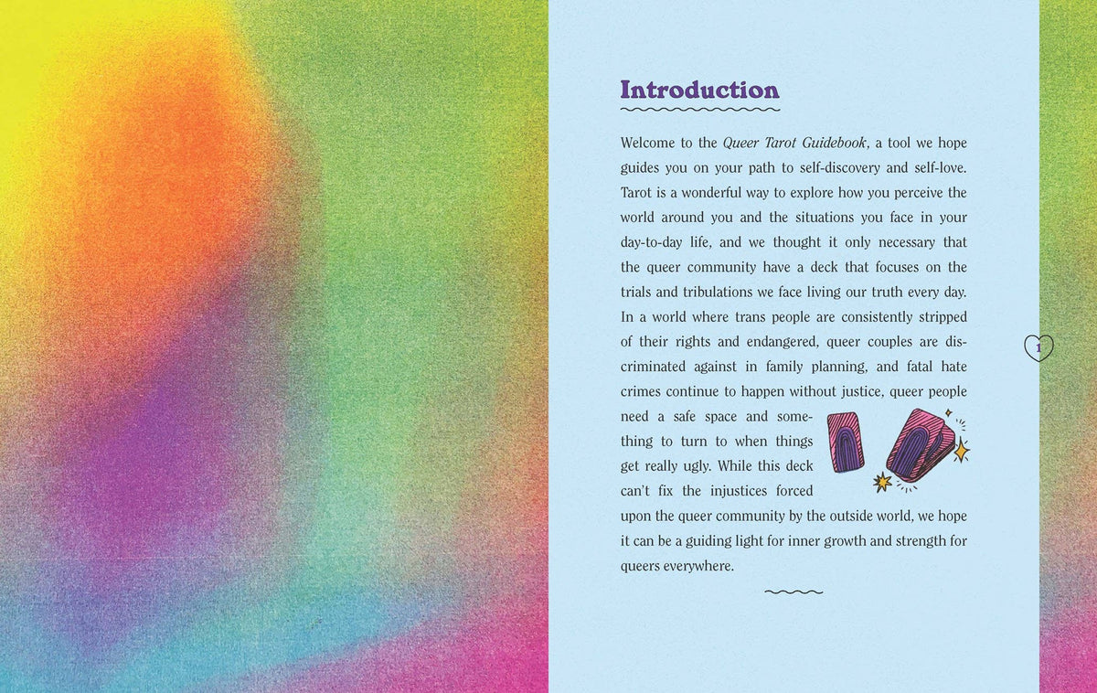An interior page from a book or guide titled 'Introduction' with a pastel rainbow gradient border and a light blue center panel containing text and small illustrations.