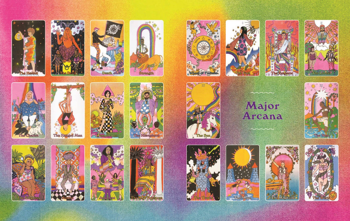A colorful spread of Major Arcana tarot cards arranged in three rows on a rainbow gradient background. The center card reads 'Major Arcana' in purple text.