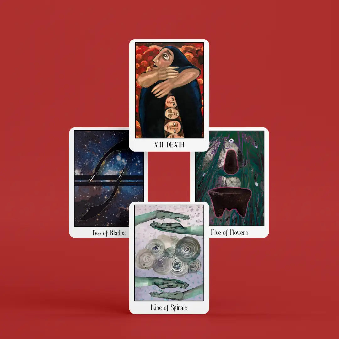 Four tarot cards displayed on a red background