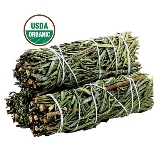 Two bundles of green herbs tied together with twine on a white background, featuring the USDA Organic logo.