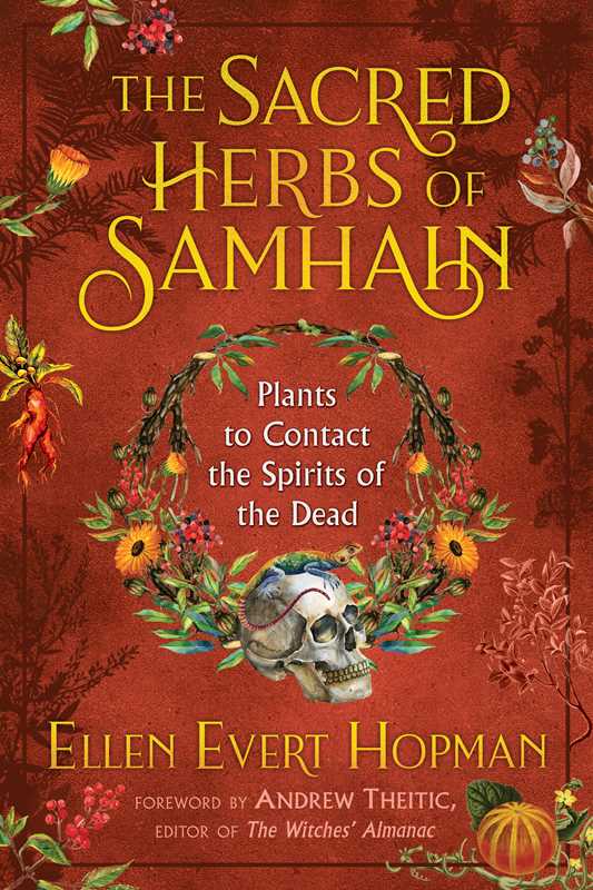 Book cover of 'The Sacred Herbs of Samhain' with a red background and decorative elements.