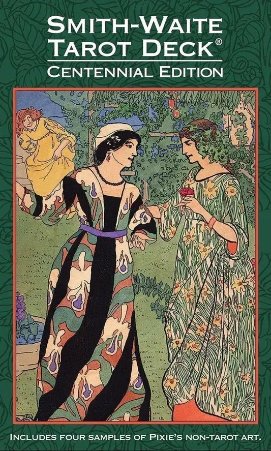 Smith-Waite Tarot Deck Centennial Edition cover with two women in vintage clothing on a green background.