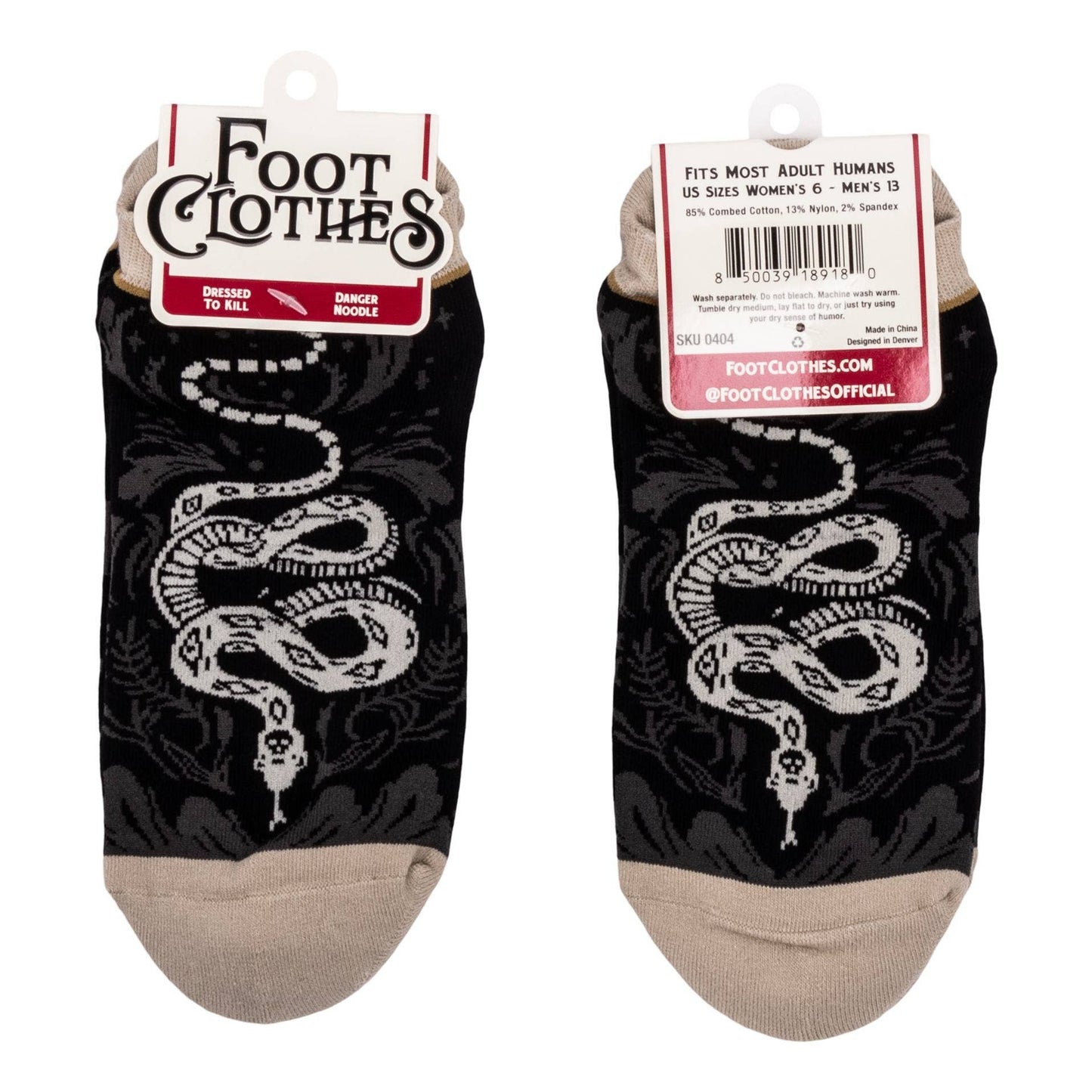 Two pairs of black socks with snake design and 'Foot Clothes' branding on a white background.