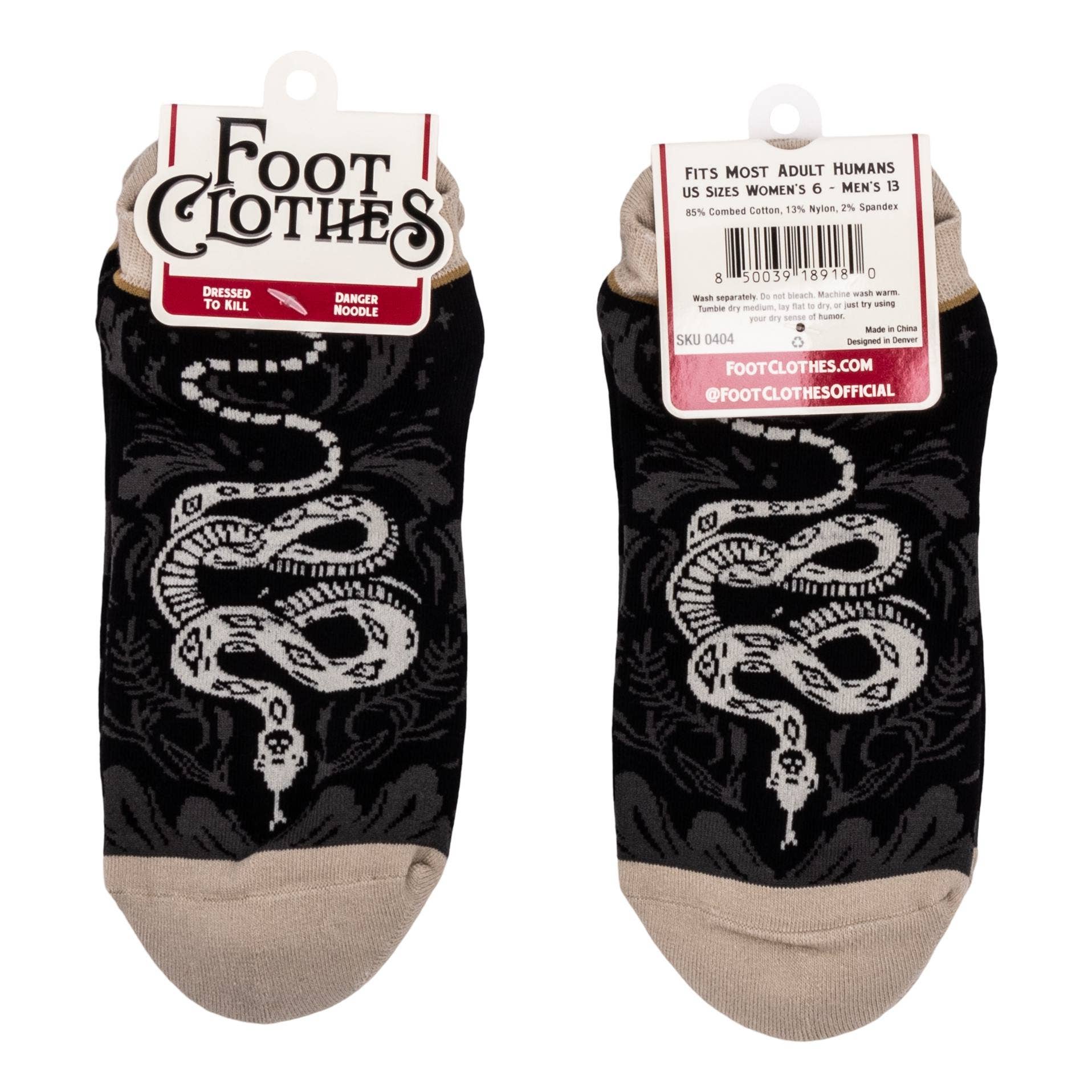 Two pairs of black socks with snake design and 'Foot Clothes' branding on a white background.