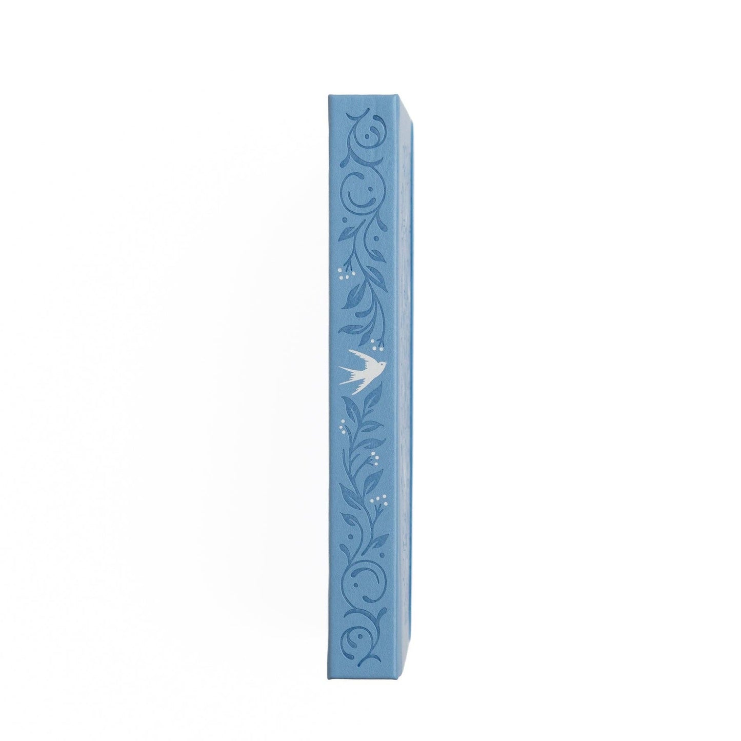 Blue decorative box with floral patterns and a bird design on a white background