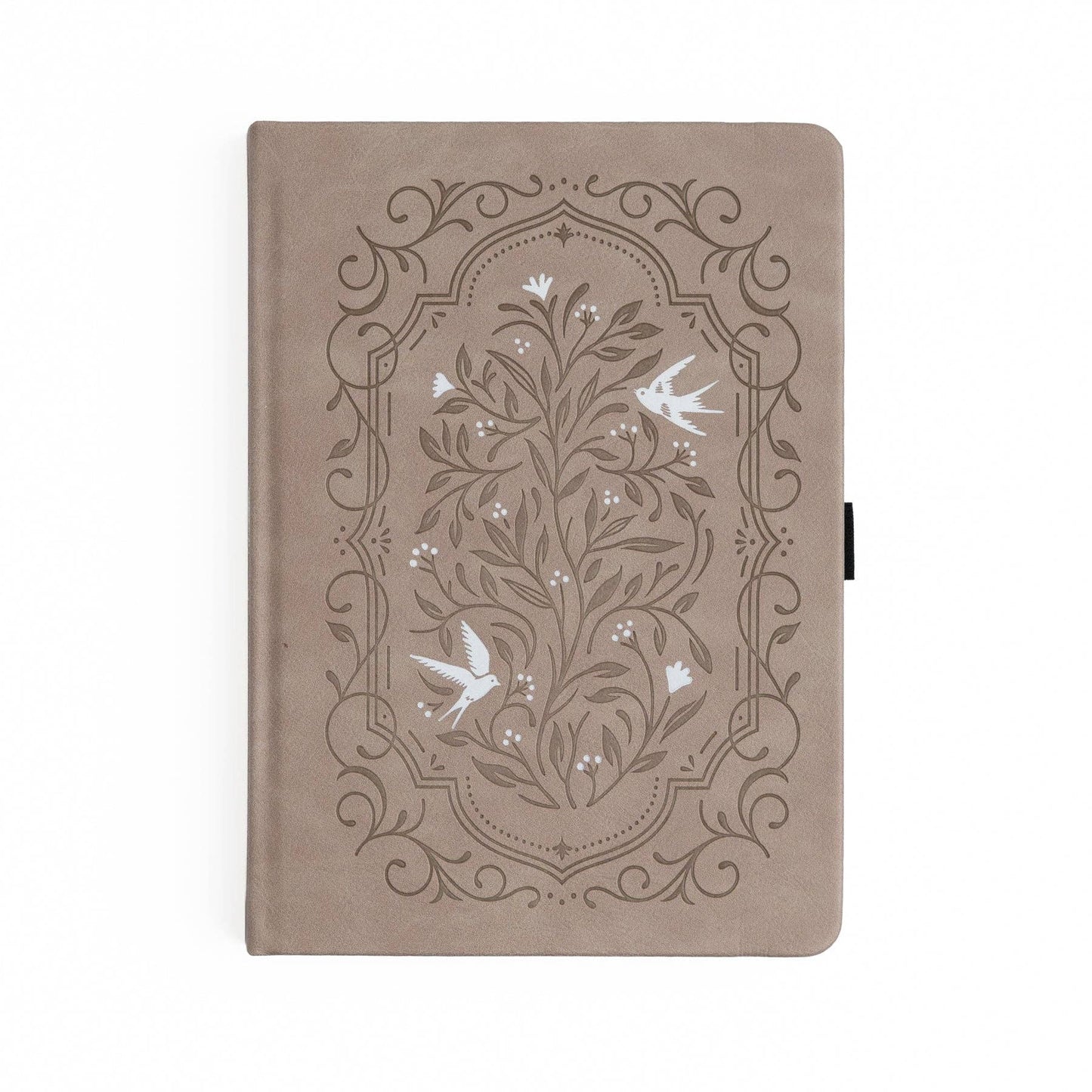 Beige notebook with floral and bird design on a white background