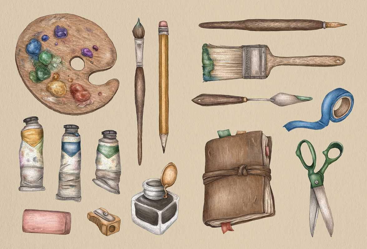 A watercolor-style illustration set of art supplies on a beige background, including a wooden paint palette with mixed colors, paintbrushes, a pencil, a palette knife, a small brush, a tube of ribbon, a notebook tied with string, scissors, an ink bottle, and other small artist tools.