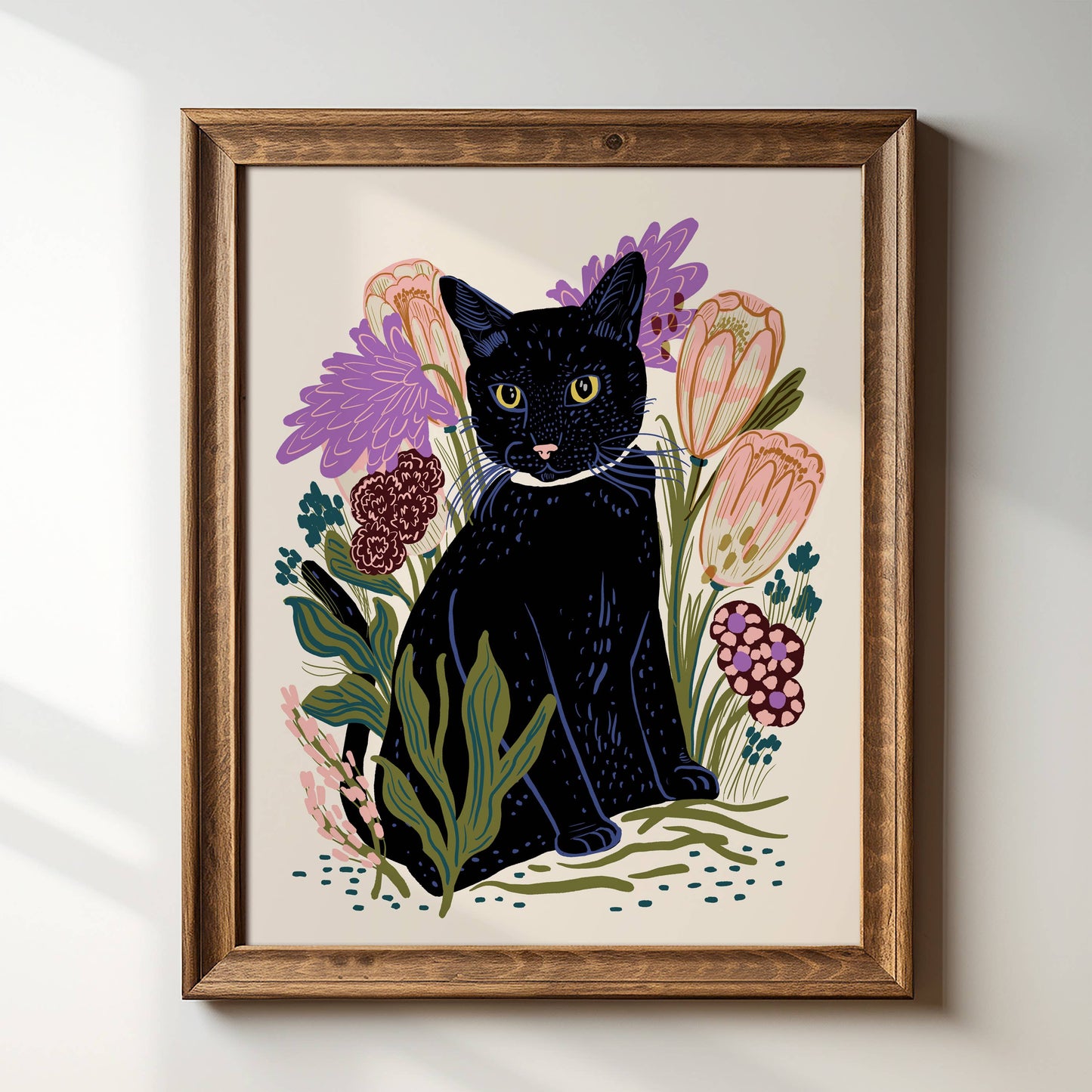 Tara Reed Black Cat giclee art print in a wood frame.