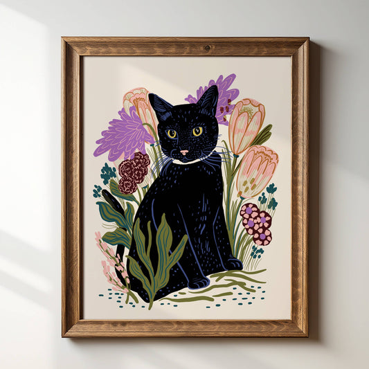 Tara Reed Black Cat giclee art print in a wood frame.