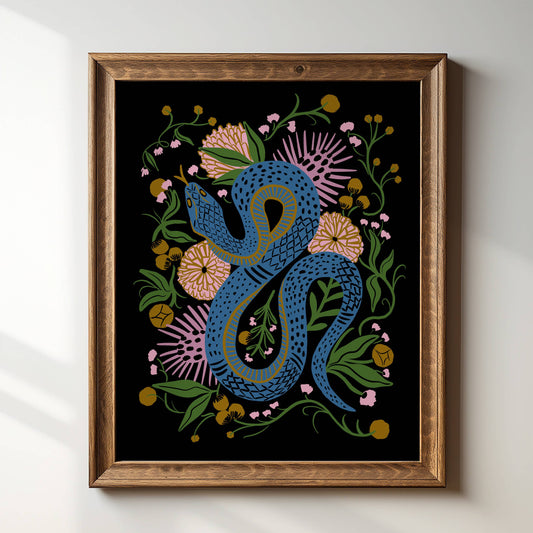 Blue snake surrounded by colorful flowers on a black background.