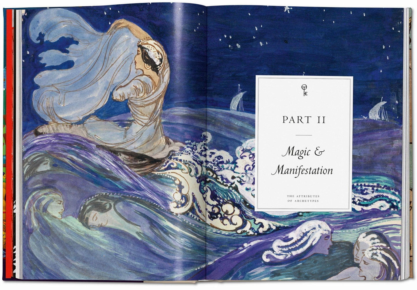 Open book with artistic illustration of a woman on a wave and 'Part II: Magic & Manifestation' title page.