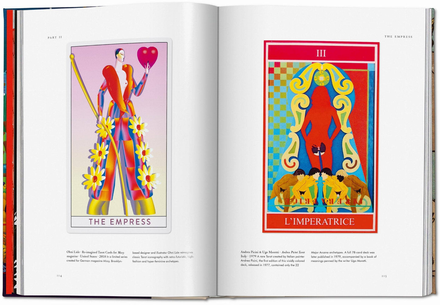 Open book showing two colorful tarot card illustrations labeled 'The Empress' and 'L'Imperatrice'.