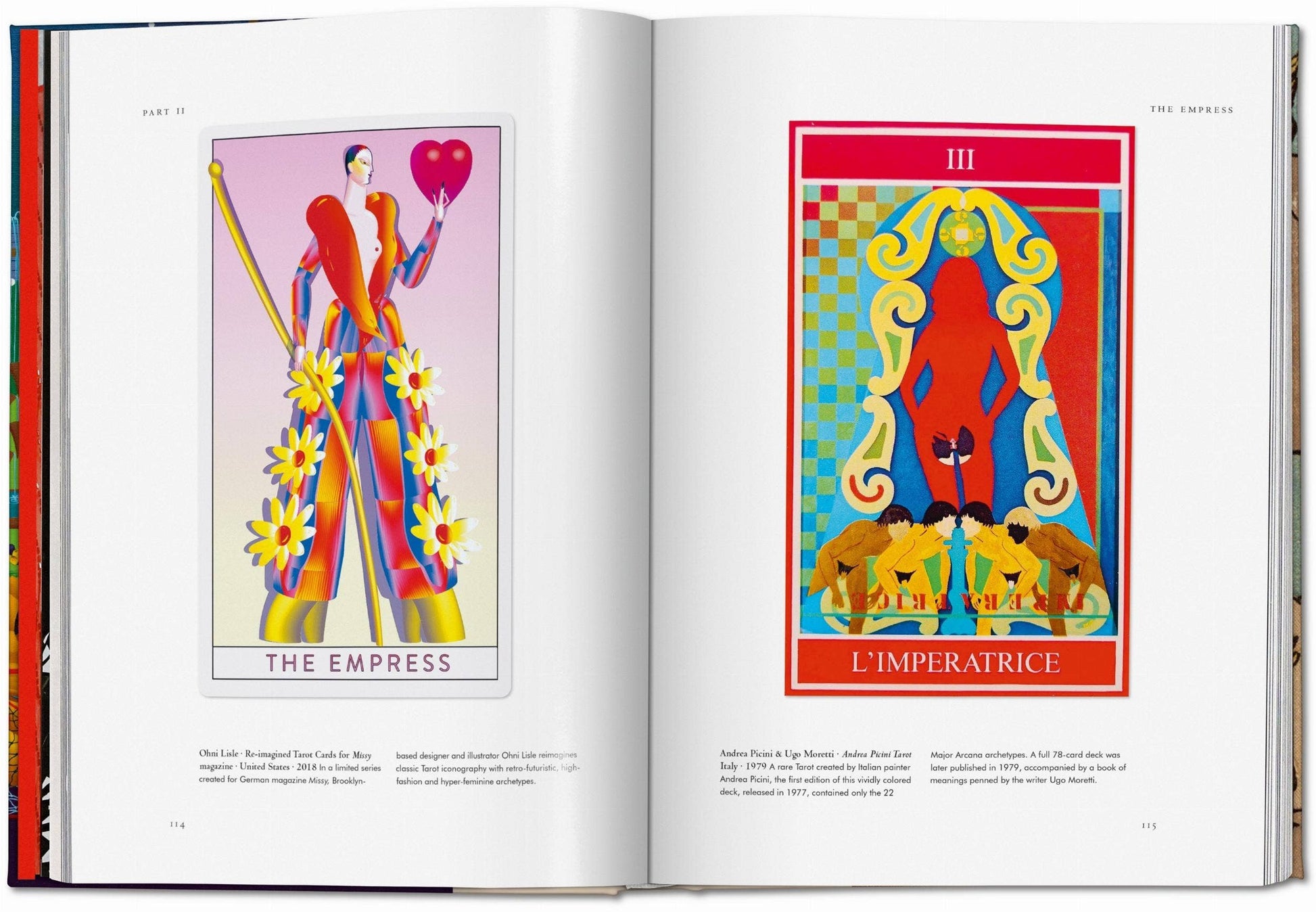 Open book showing two colorful tarot card illustrations labeled 'The Empress' and 'L'Imperatrice'.