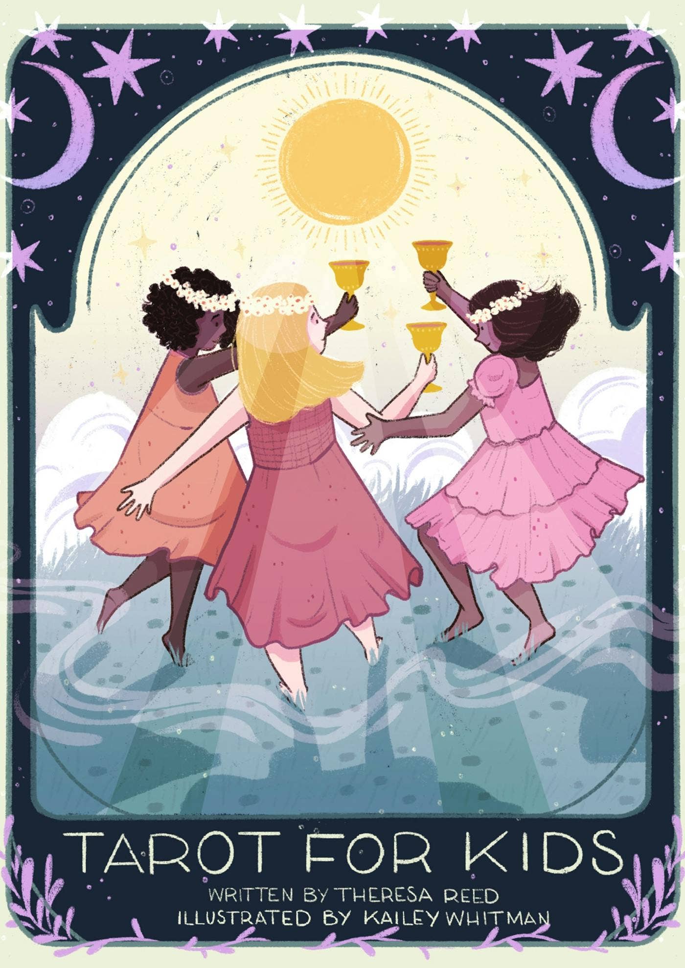 Cover of 'Tarot for Kids' tarot deck with three girls holding cups under a moonlit sky.