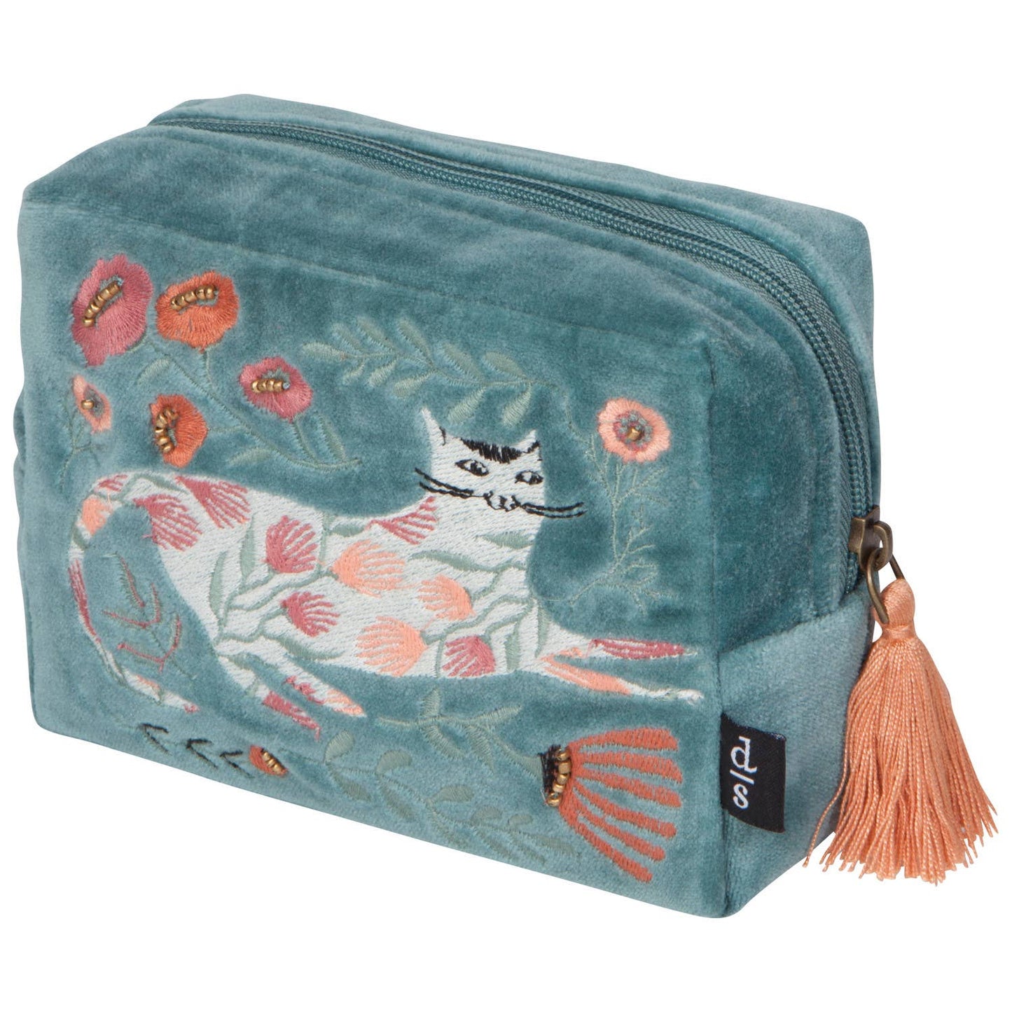 Embroidered pouch with a cat design on a white background