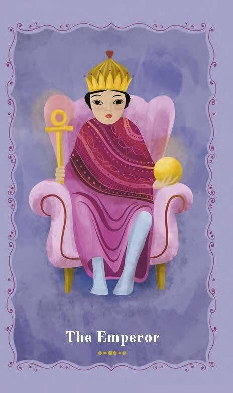 Card featuring 'The Emperor' from a tarot deck with a purple background