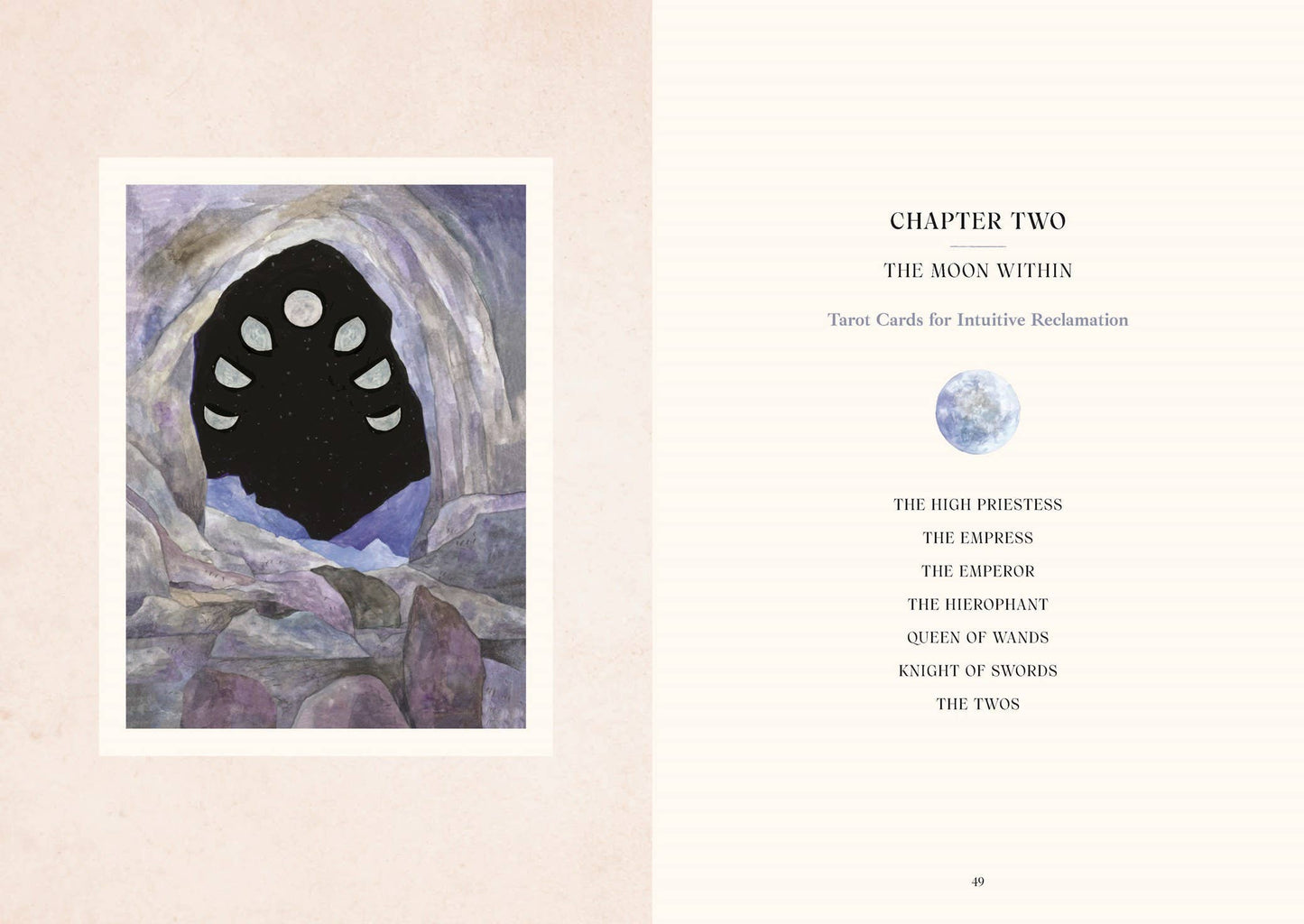 Card with a black moon symbol on a stone wall, titled 'The Moon Within' from a tarot card set.