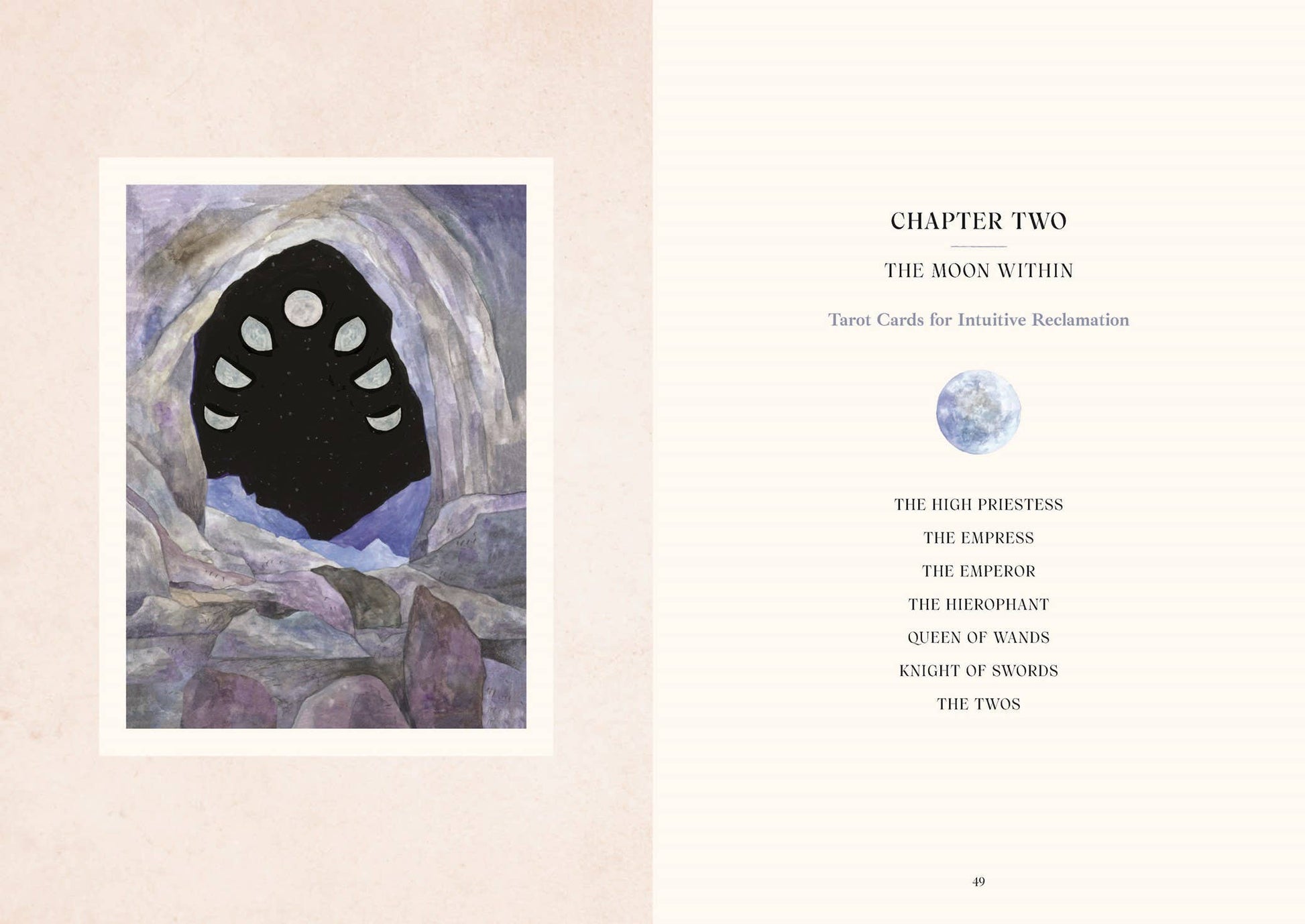 Card with a black moon symbol on a stone wall, titled 'The Moon Within' from a tarot card set.