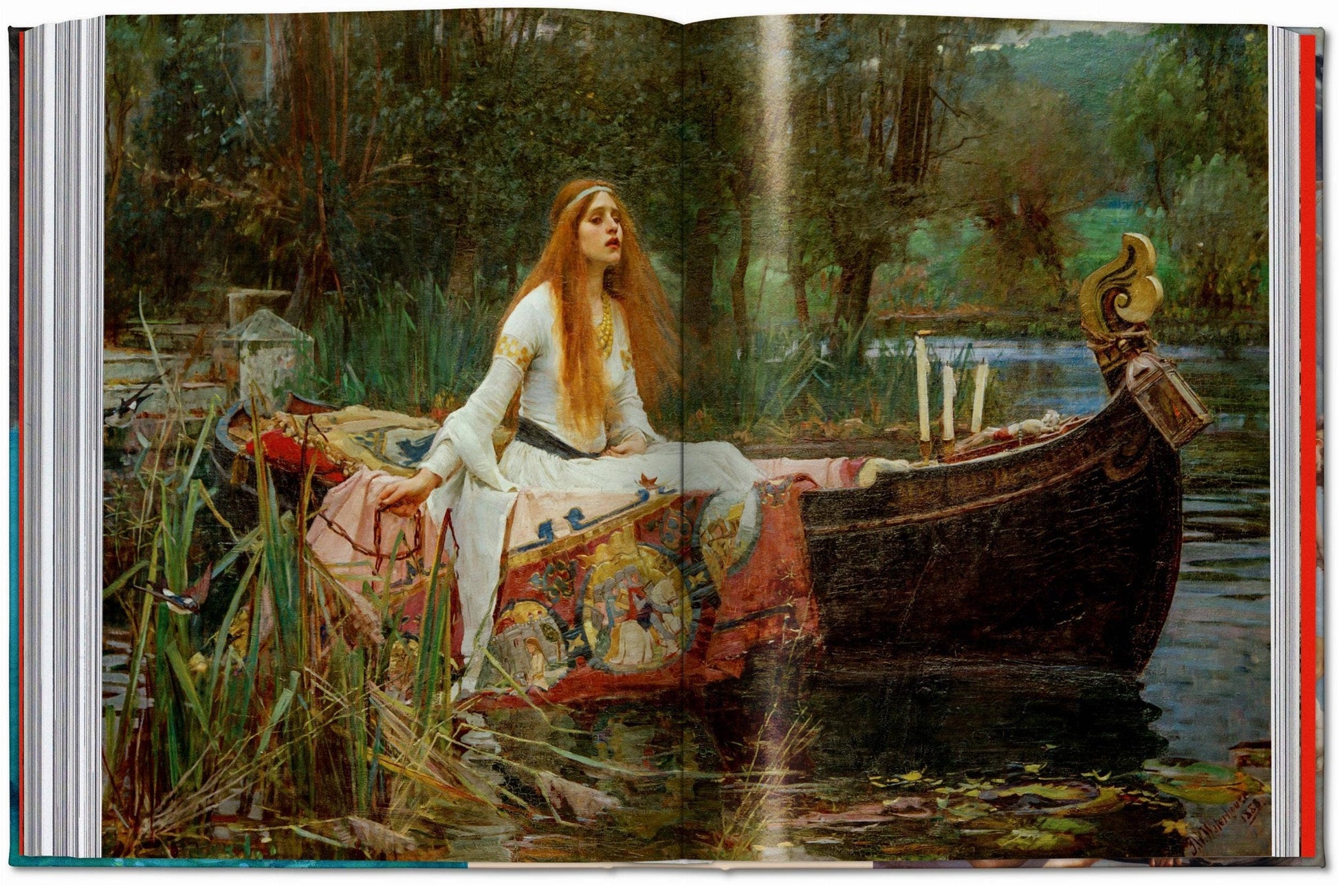 Painting of a woman in a boat on a river with trees and water in the background
