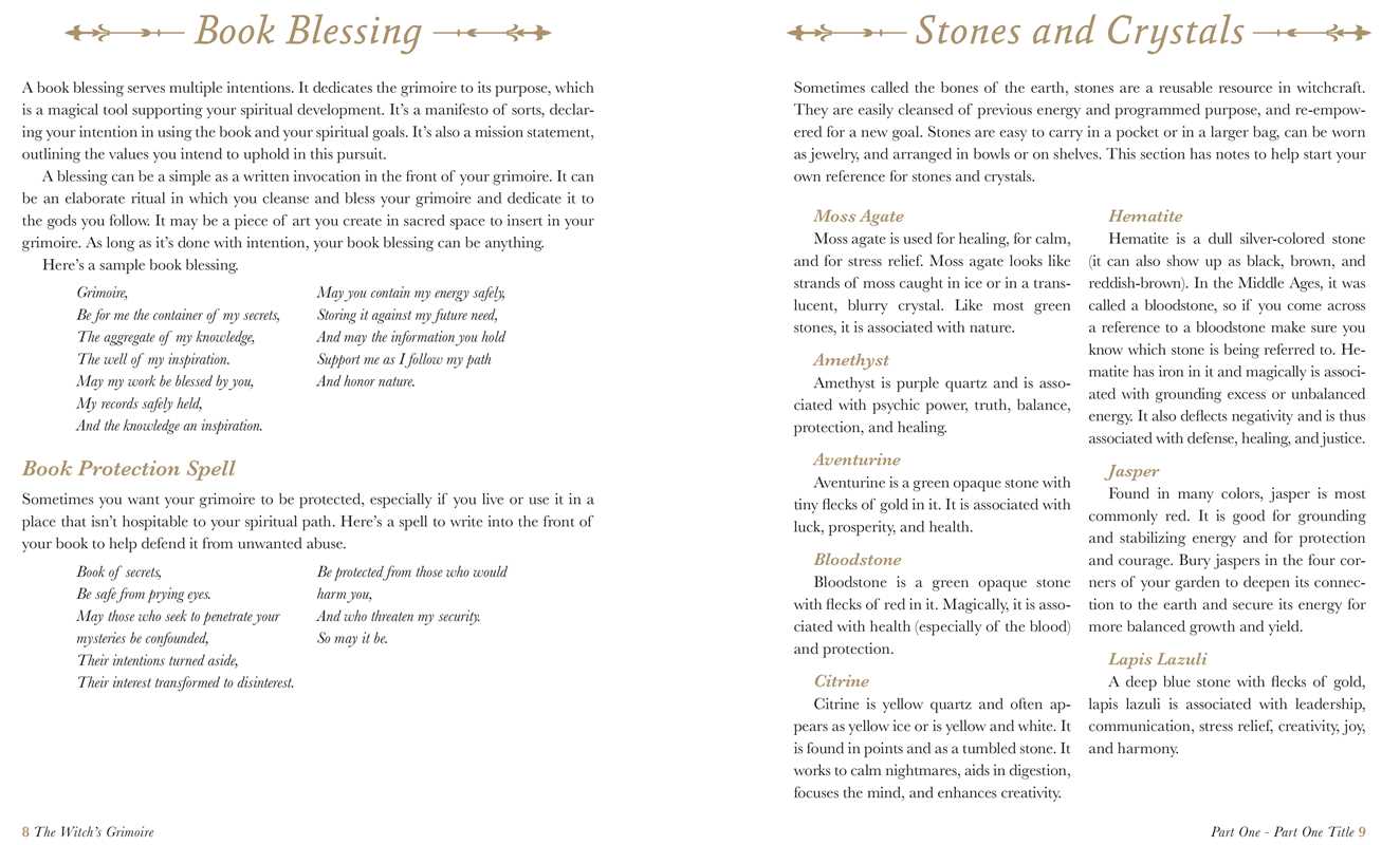 Text page from a book titled 'Book Blessing' with sections on stones and crystals.