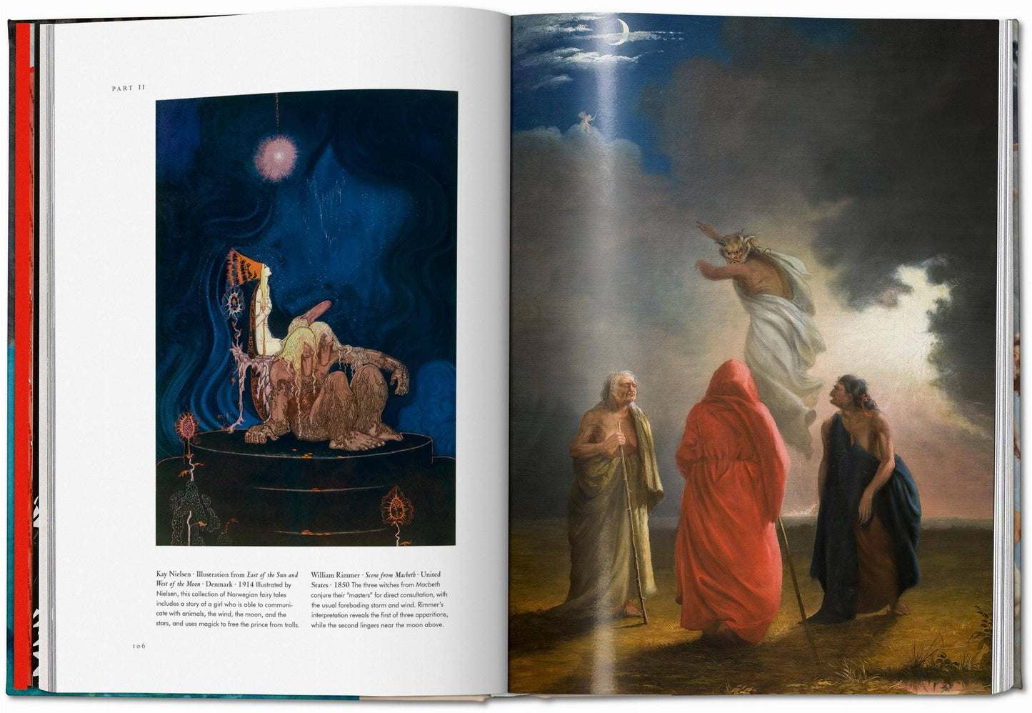 Open book showing classical painting with figures and celestial elements