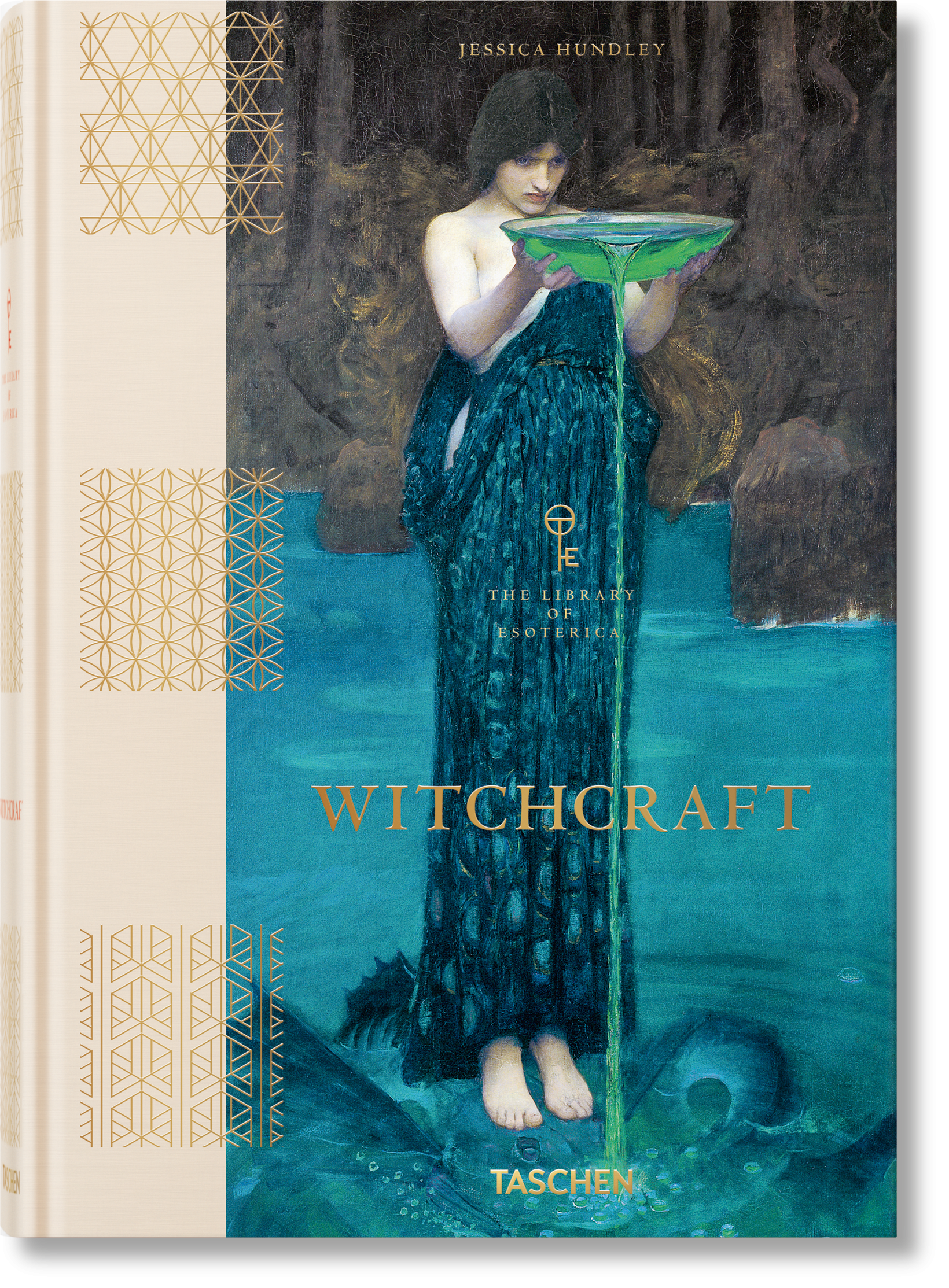Book cover of 'Witchcraft' by Jessica Hundley with a woman in a blue dress holding a green object.
