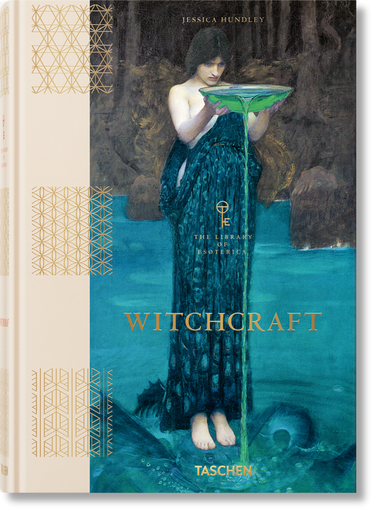 Book cover of 'Witchcraft' by Jessica Hundley with a woman in a blue dress holding a green object.