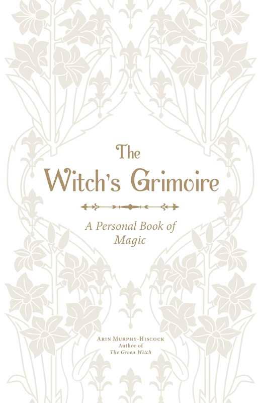 Book page of 'The Witch's Grimoire' with decorative floral patterns and gold text.
