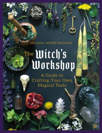 Book cover of 'The Witch's Workshop' with various magical tools and plants on a dark background.