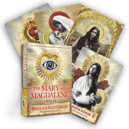 Set of 'The Mary Magdalene Oracle' cards with packaging on a white background