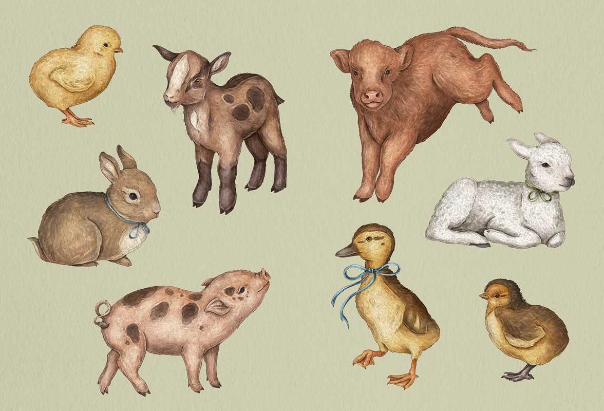 A set of watercolor-style farm animal illustrations on a pale green background, including a yellow chick, brown goat, brown calf, gray rabbit, white lamb, pink spotted pig, yellow duck with a blue bow, and a brown chick.