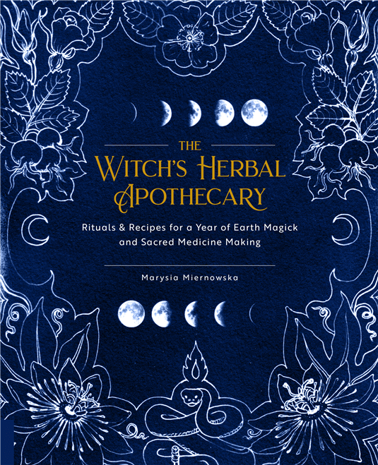 Book cover of 'The Witch's Herbal Apothecary' with moon phases and floral designs on a dark blue background.