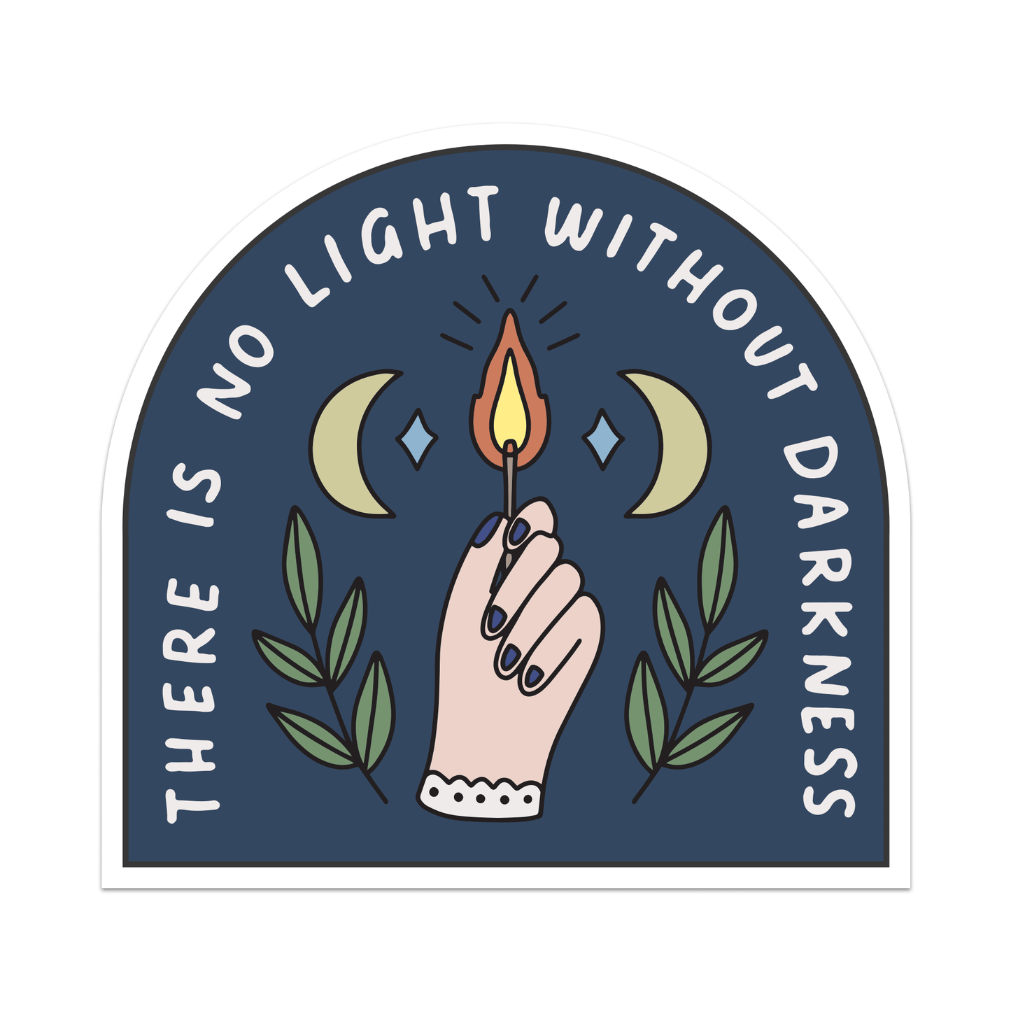 Sticker with a hand holding a lit candle, surrounded by leaves and moons, with text 'There is no light without darkness' on a blue background.