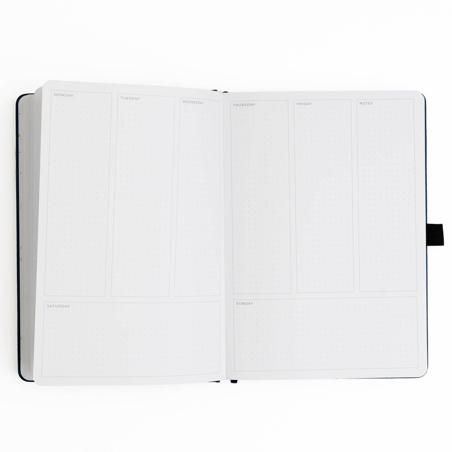 Open notebook with white pages on a white background