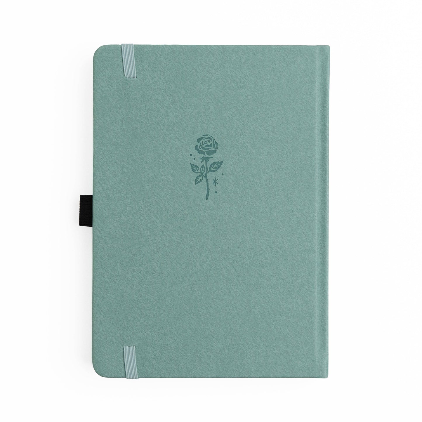 Green notebook with a rose design on a white background