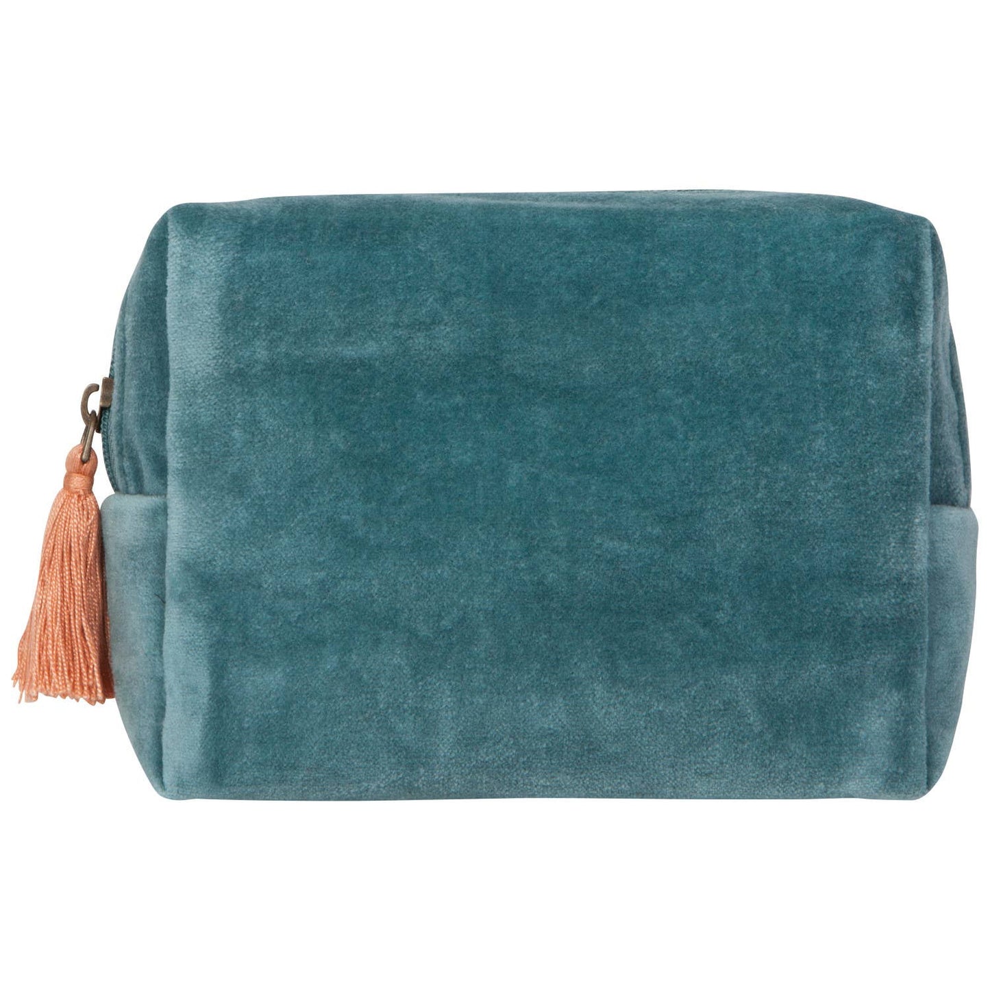 Teal velvet pouch with a pink tassel on a white background