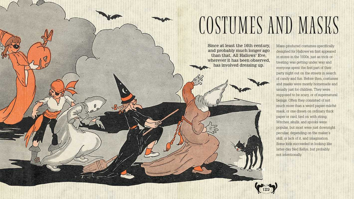 Vintage-style informational illustration titled 'Costumes and Masks' on an aged paper background, showing illustrated figures in Halloween costumes and masks with descriptive text beside them.