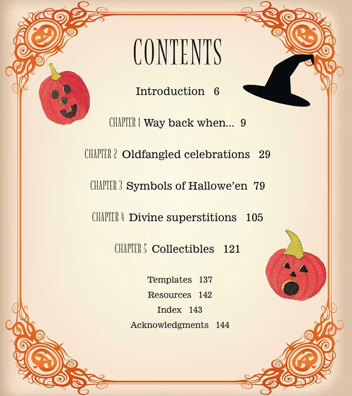 A Halloween-themed book or booklet cover showing a table of contents with decorative orange corner flourishes, a black witch hat illustration, and two red jack-o'-lantern illustrations on a cream background.