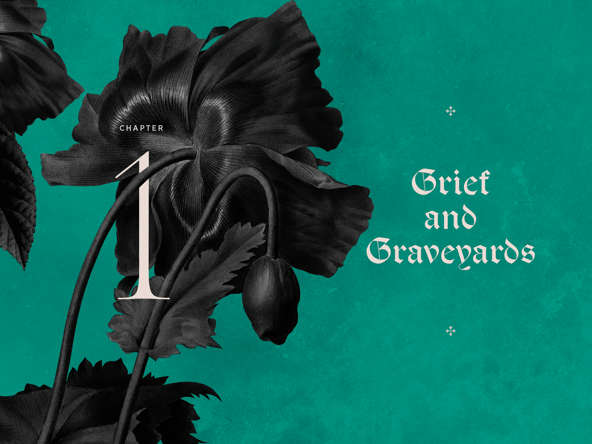 A book cover or printed cover design featuring a large black flower illustration on a teal background, with the text 'CHAPTER 1 Grief and Graveyards' in white.