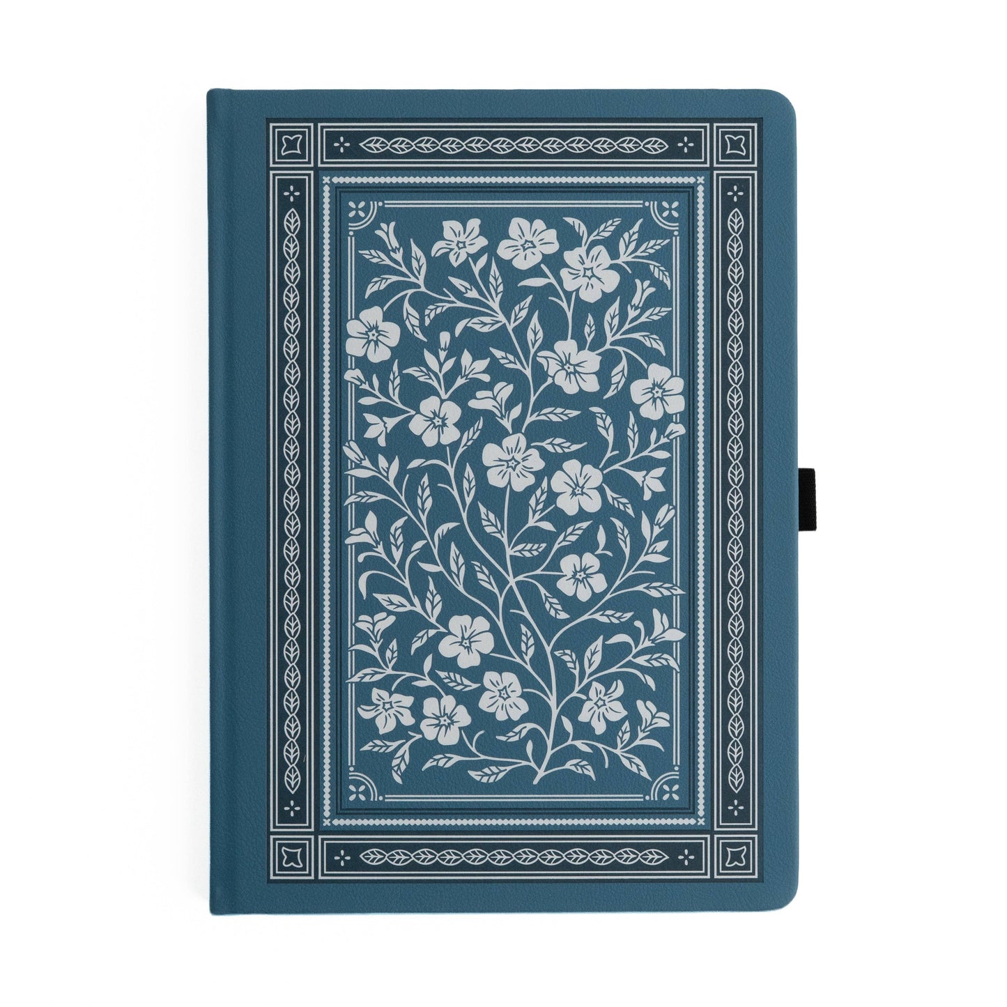 Blue notebook with floral design on a white background