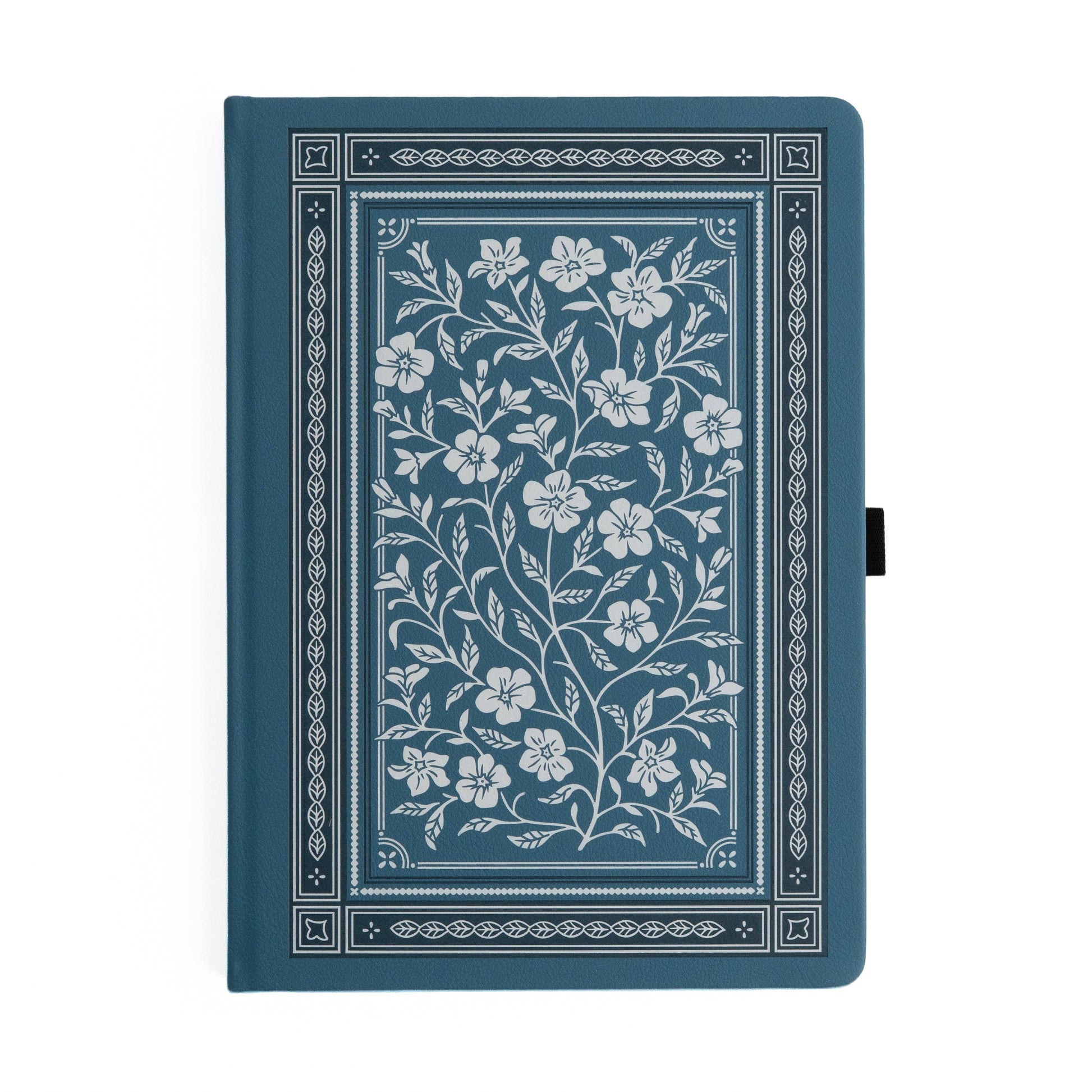 Blue notebook with floral design on a white background