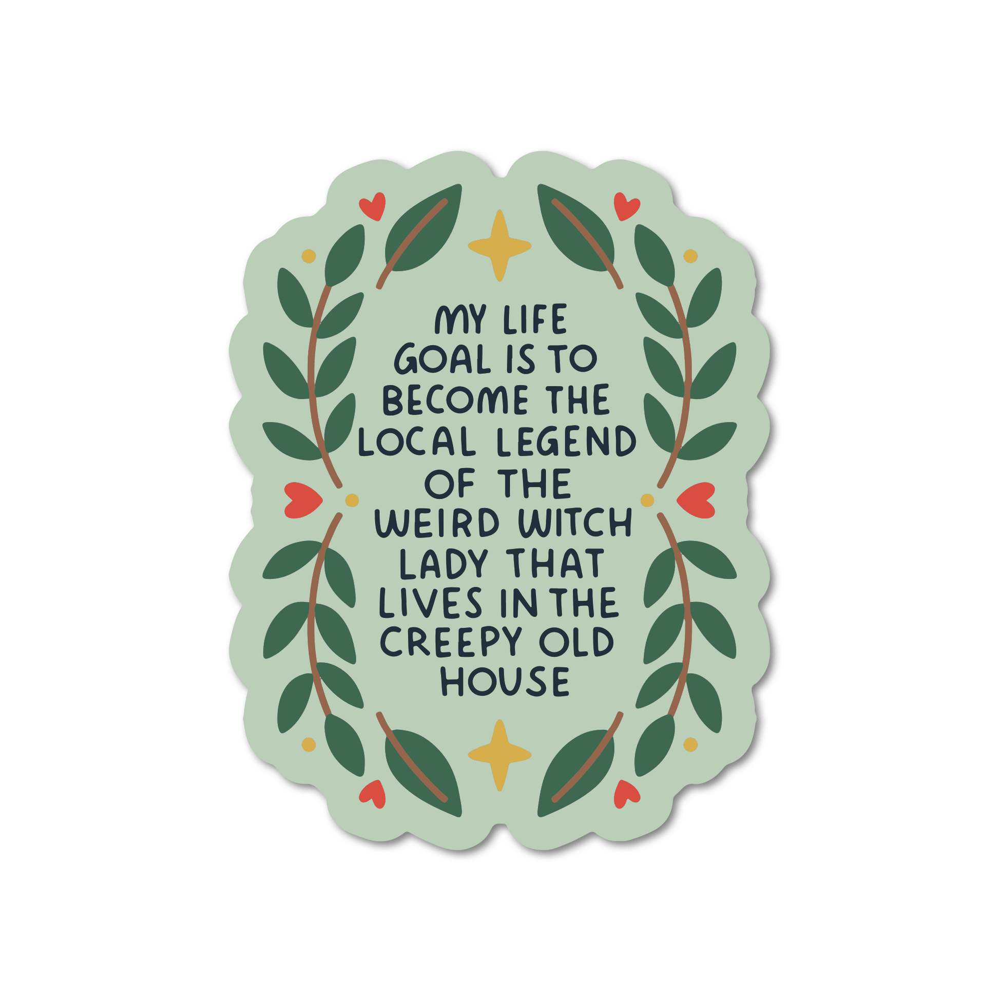 Decorative sticker with text and leaf design on a light green background
