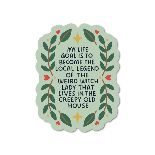 Decorative sticker with text and leaf design on a light green background