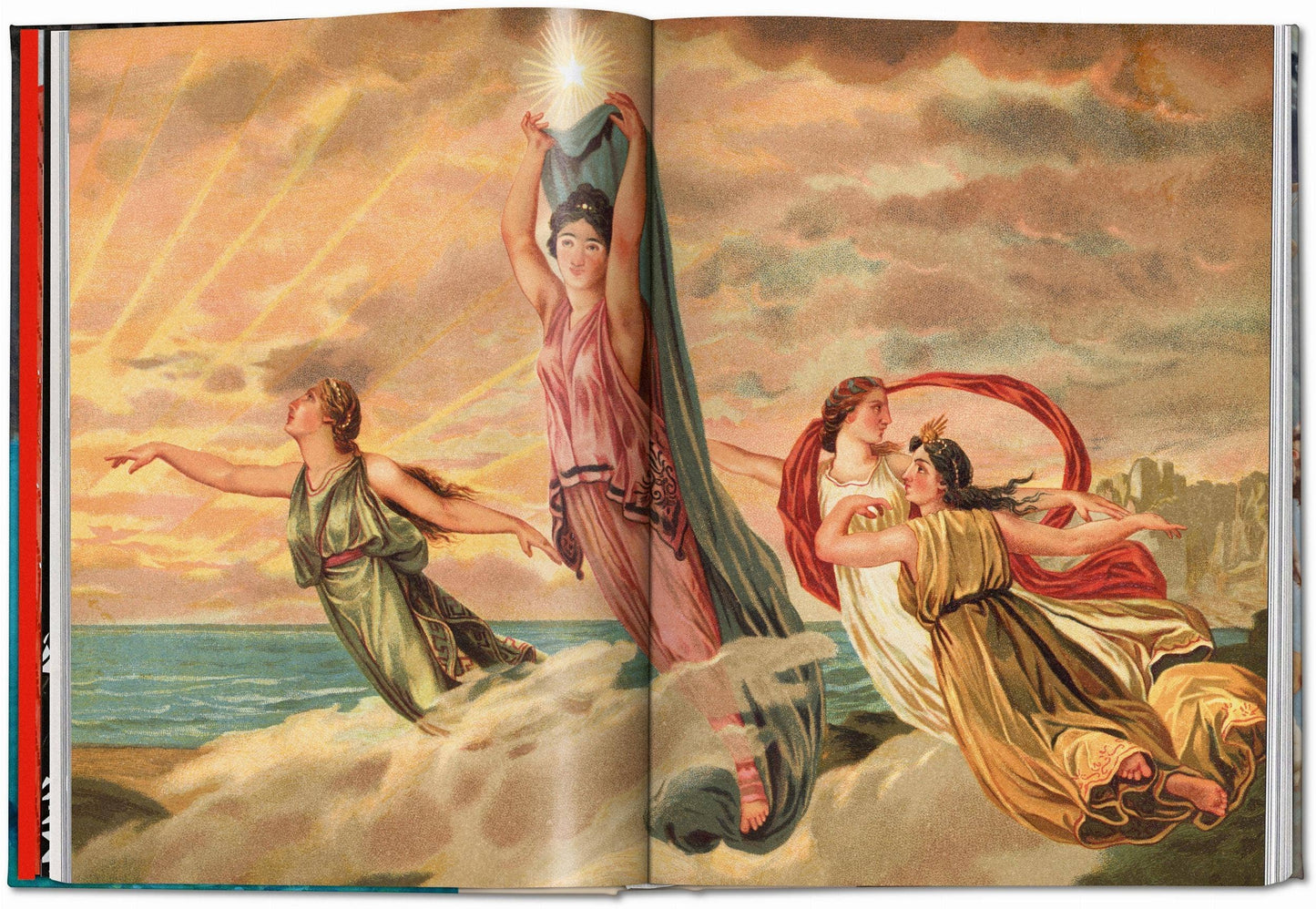 Open book showing a classical painting of four figures on a beach with a cityscape in the background.