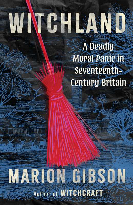 Book cover for 'Witchland' by Marion Gibson, featuring a bright red broom against a dark blue and black illustrated background with white title and author text.