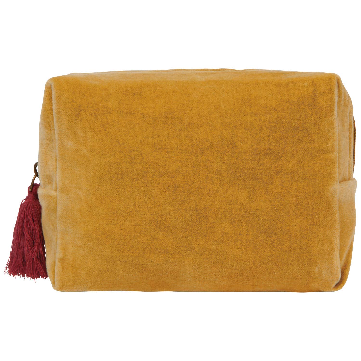 Mustard yellow velvet pouch with a red tassel on a white background